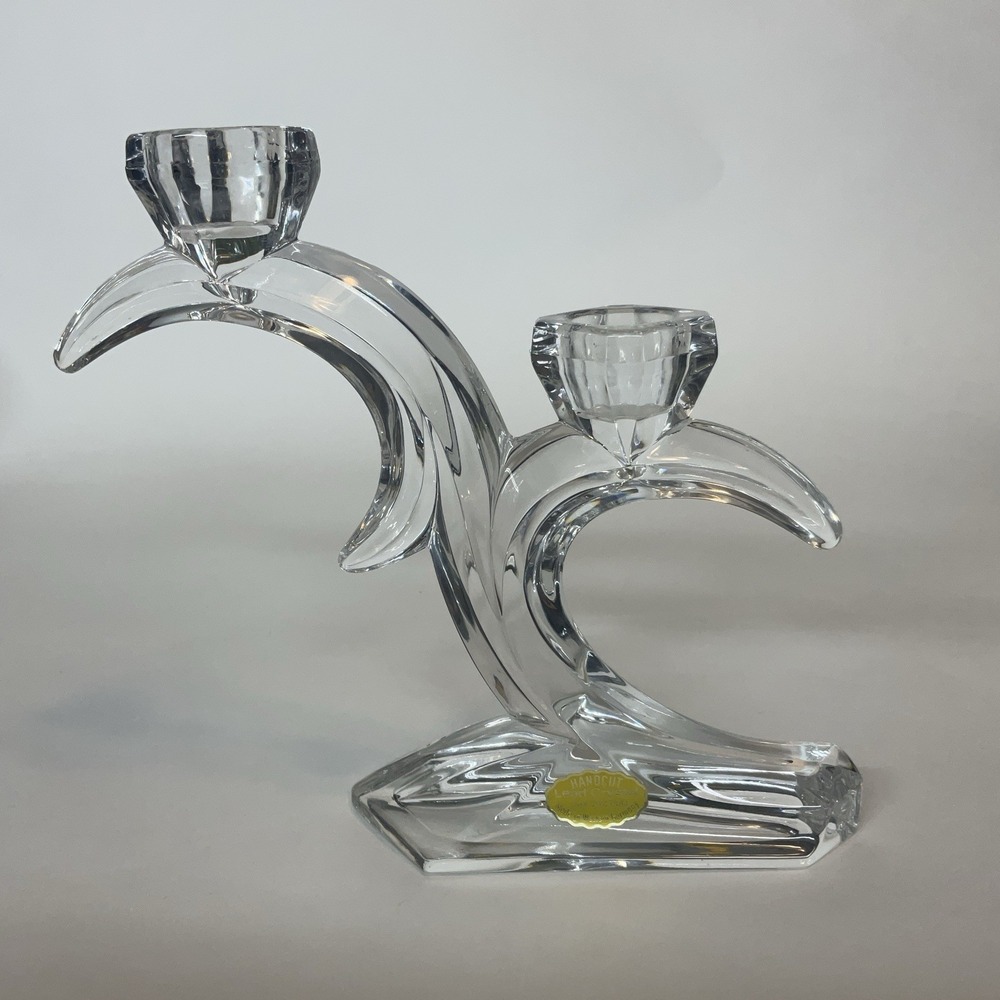 Vintage German Hand Cut Double Arm Lead Crystal Candle Holder 7in Tall